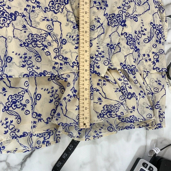 & Other Stories Ruffle Collar Cloud Print Mini Dress Women Sz 10 Tan Blue Tiered - Picture 15 of 15